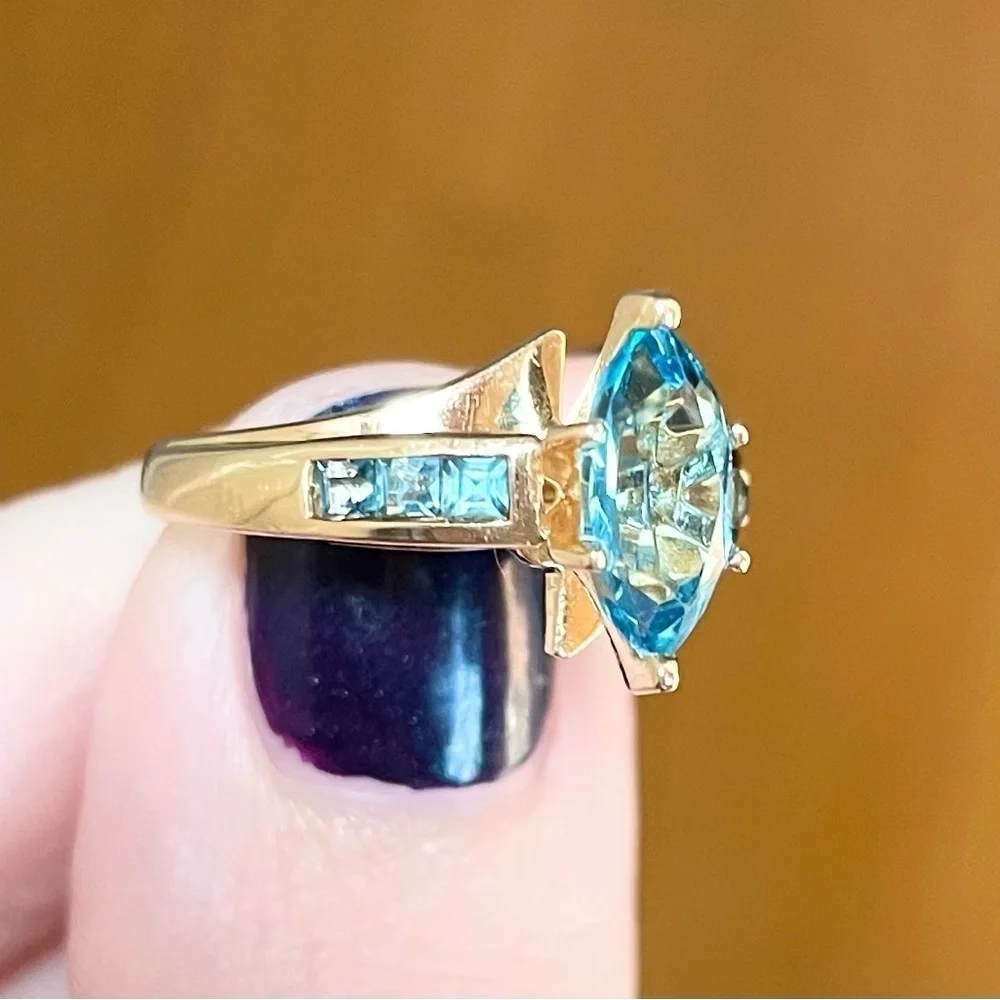 Vintage 1.35 swiss blue topaz marquis large baguette 14k solid yellow gold ring - Picture 7 of 10